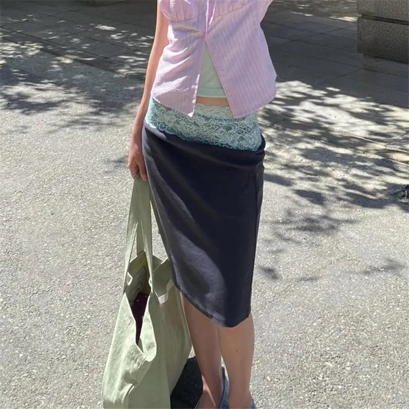 Low Waist Lace Trim Midi Skirt Women Casual Solid/Striped Bodycon Skirt Y2K Streetwear Fashion Mid-Length Pencil Skirt