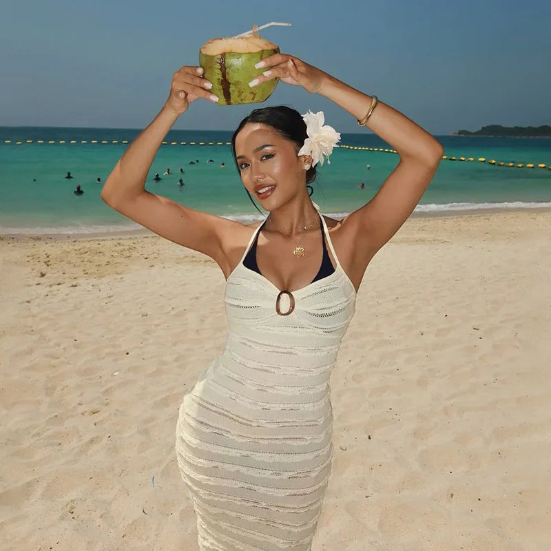 Halter Backless Frilly Long Dresses Vacation Outfits Woman Elegant Sexy Beach Dress Boho Chic Clothes 2025