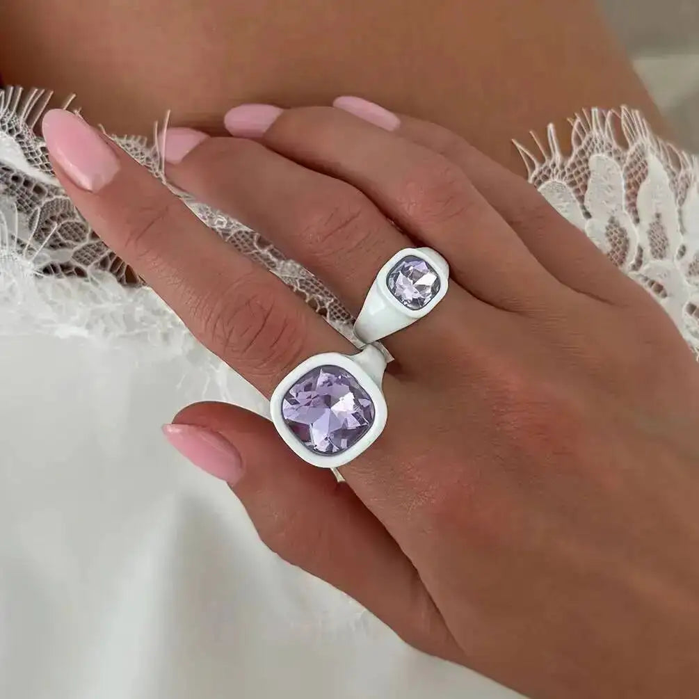 2Pcs/Set Trendy Sparkling Acrylic Rhinestone Open Ring for Women Personalized Geometric Chunky Finger Ring Jewelry Gift