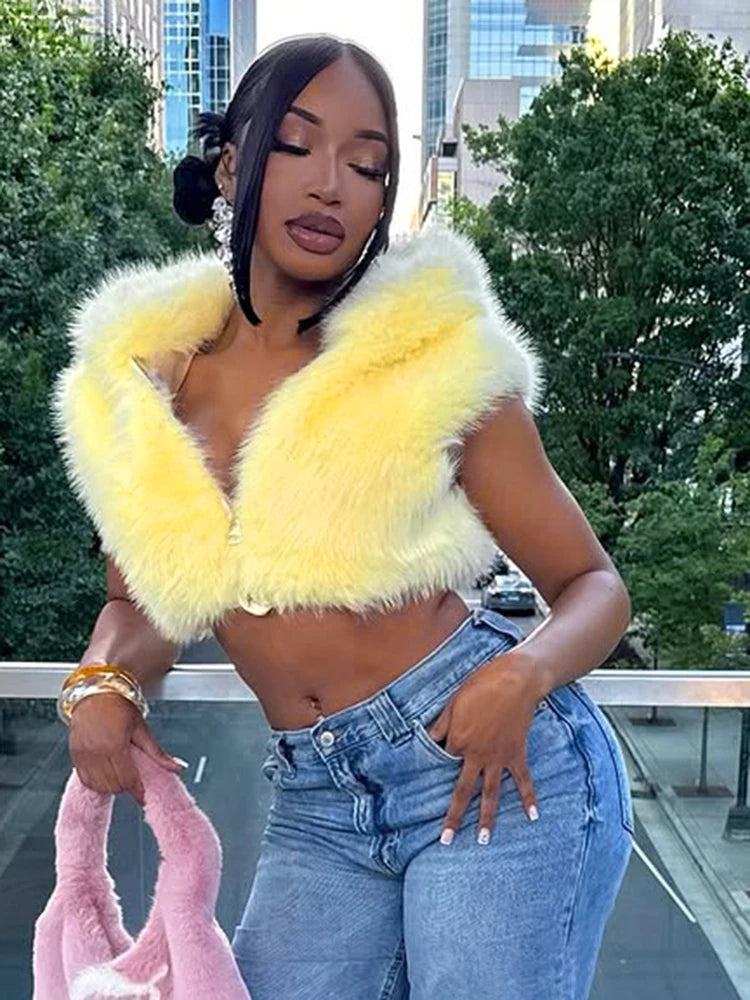 Sexy Furry Tank Tops Women Chic Hooded Zip Autumn Trend Cardigan Midnight Basic Street Party Club Furs Hipster Vest