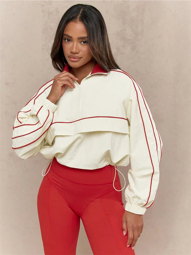 Contrast Patchwork Tracksuit 2 Piece Set Women Polo-Neck Drawstring Wasit Tops+Skinny Leggings Casual Sporty Sets