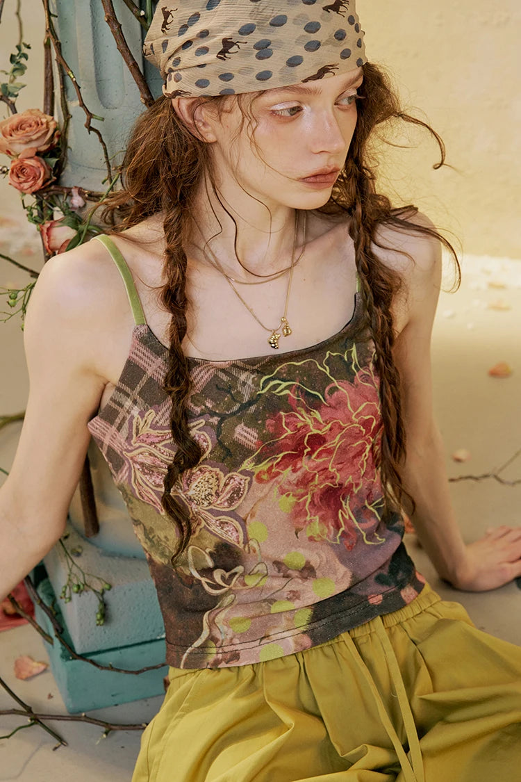 Women's Y2K Cami Top with Fairy Floral Print, Vintage Grunge Spaghetti Strap Camisole, Retro Aesthetic Sleeveless Top