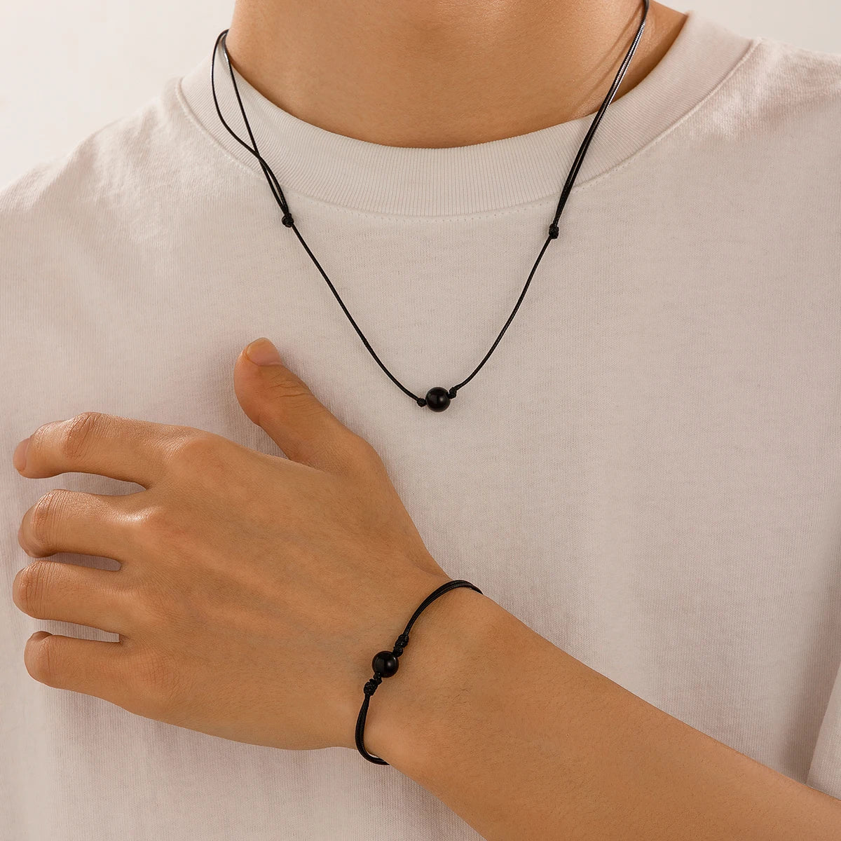 2Pcs Goth Simple Black Leather Wax Thread Chain Necklace Bracelet for African Men Stone Beads Choker Male Jewelry Set