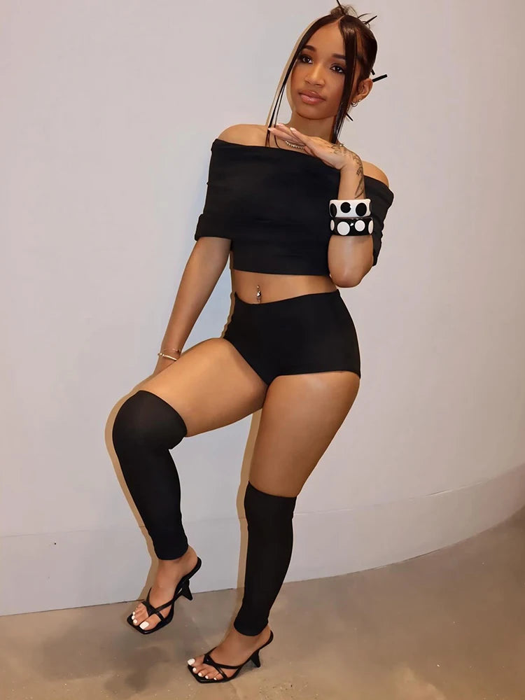 Summer 2 Piece Set Women Simple Trend Slash Neck Mid Sleeve Crop Tops+Shorts+Foot Cover Matching Streetwear Outfits