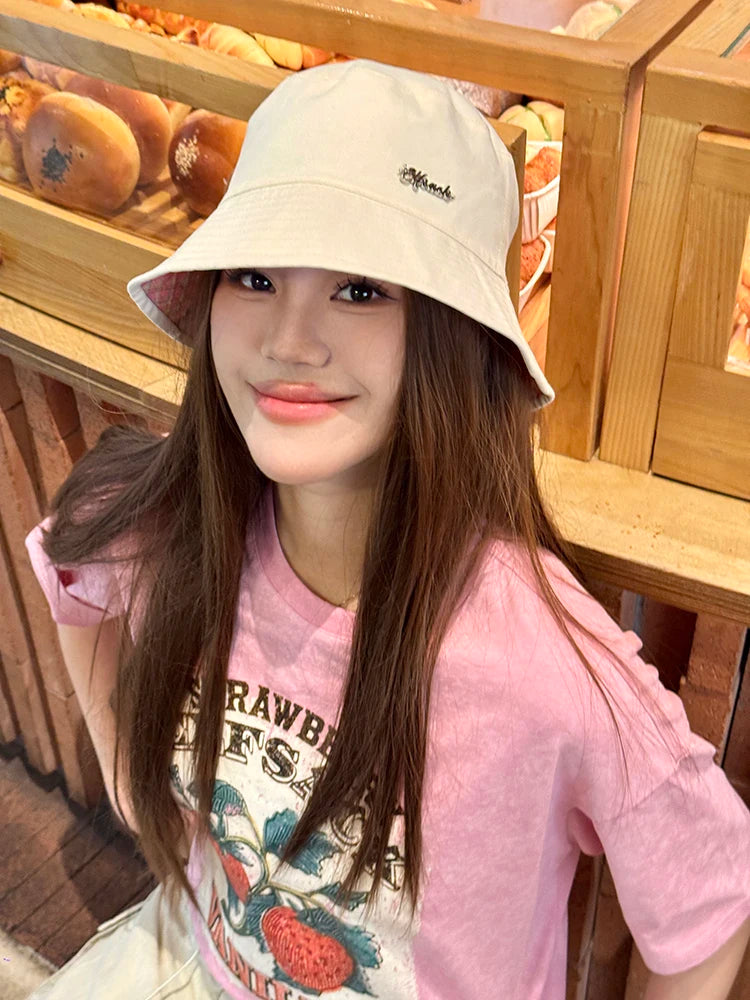 Reversible Pink Plaid & Beige Bucket Hat with Metal Logo for Women