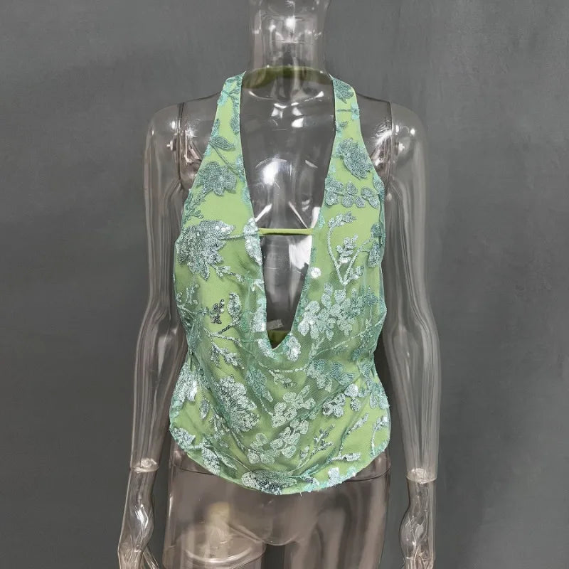 Woman Summer Top Embellished Mesh Tanks & Camis Boho Vacation Sexy Sequin Floral V Neck Backless Halter Tops