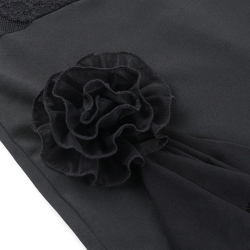 Sexy Black See Through Lace Tube Dress 3d Floral Appliques Ruffle Split Long Dresses for Women Party Outfits