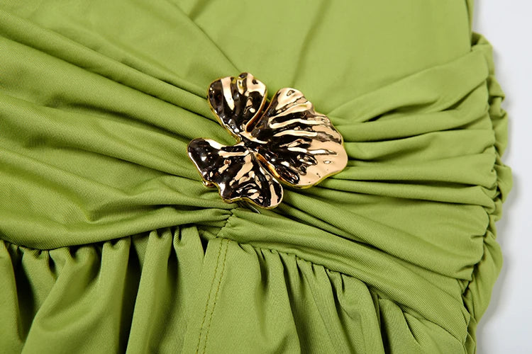 Side Split Maxi Dress Women Y2K Backless Ruched Halter Bandage Low-Neck Sleeveless Metal Trim Ribbon Elegant Vestidos