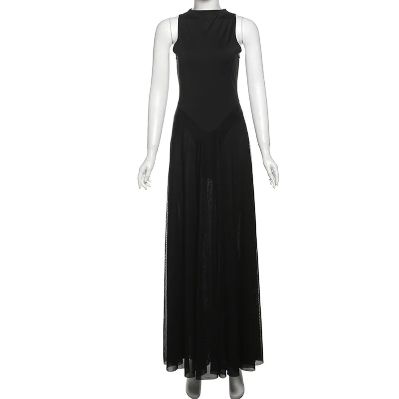 Mesh Patchwork Sheer Black Party Dresses Luxury Elegant Sleeveless Backless A-line Maxi Dress Woman Clothes