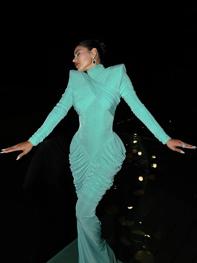 Autumn New Style Maxi Dress Women Turtleneck Full Sleeve Backless Skinny Stretch Prom Party Ruched Elegant Vestidos