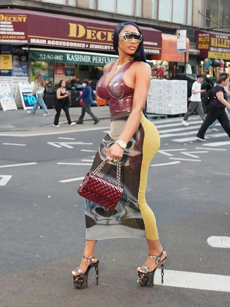 See Through Skirts Women 2025 Summer Trend Skulls Print Sexy Skinny Stretch Wild Basic Clubwear Midnight Long Skirts