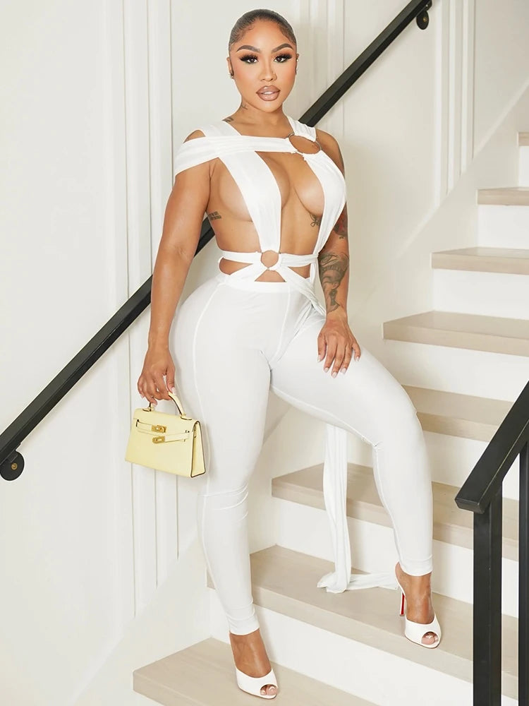 Hollow Bandage Jumpsuit Women Sexy Summer Sleeveless Backless Irregular Ribbon Midnight Clubwear Workout Overalls