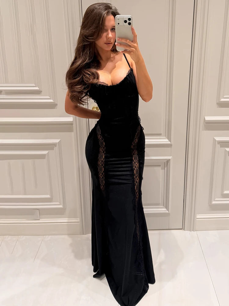 Spaghetti Strap Backless Sexy Maxi Dress Women Gown Lace Patchwork Sheer Sleeveless Bodycon Club Party Long Dress