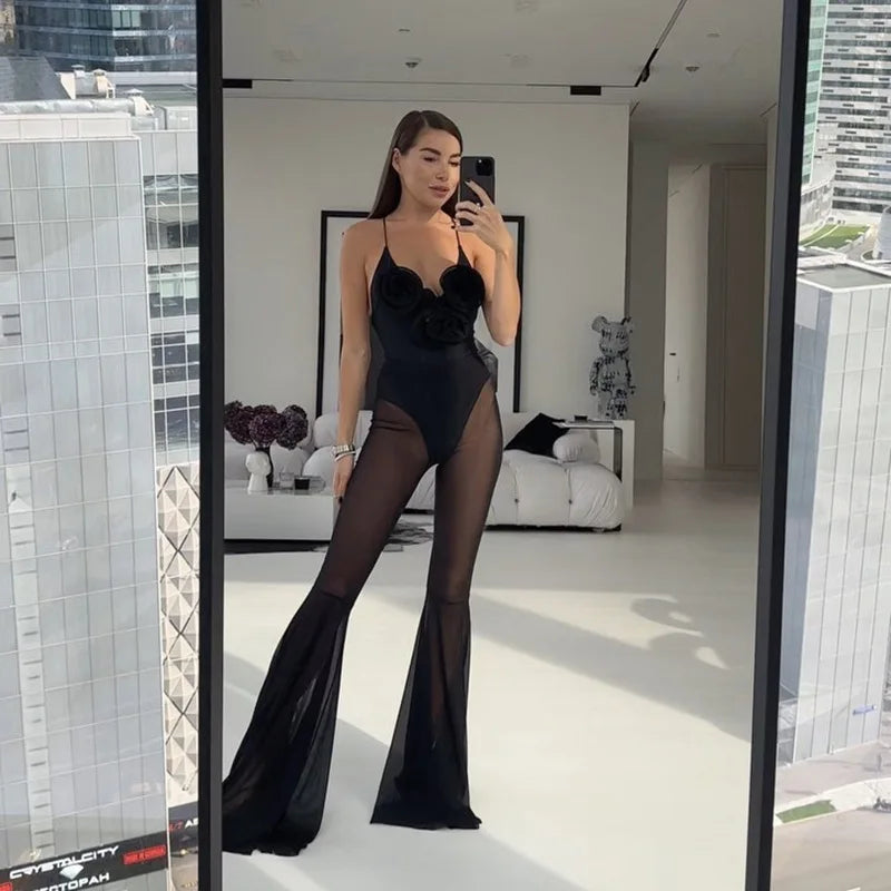 Sexy Black Mesh Jumpsuit Floral Appliques Ruffle Deep V Backless Flare Jumpsuits Women Birthday Outifts