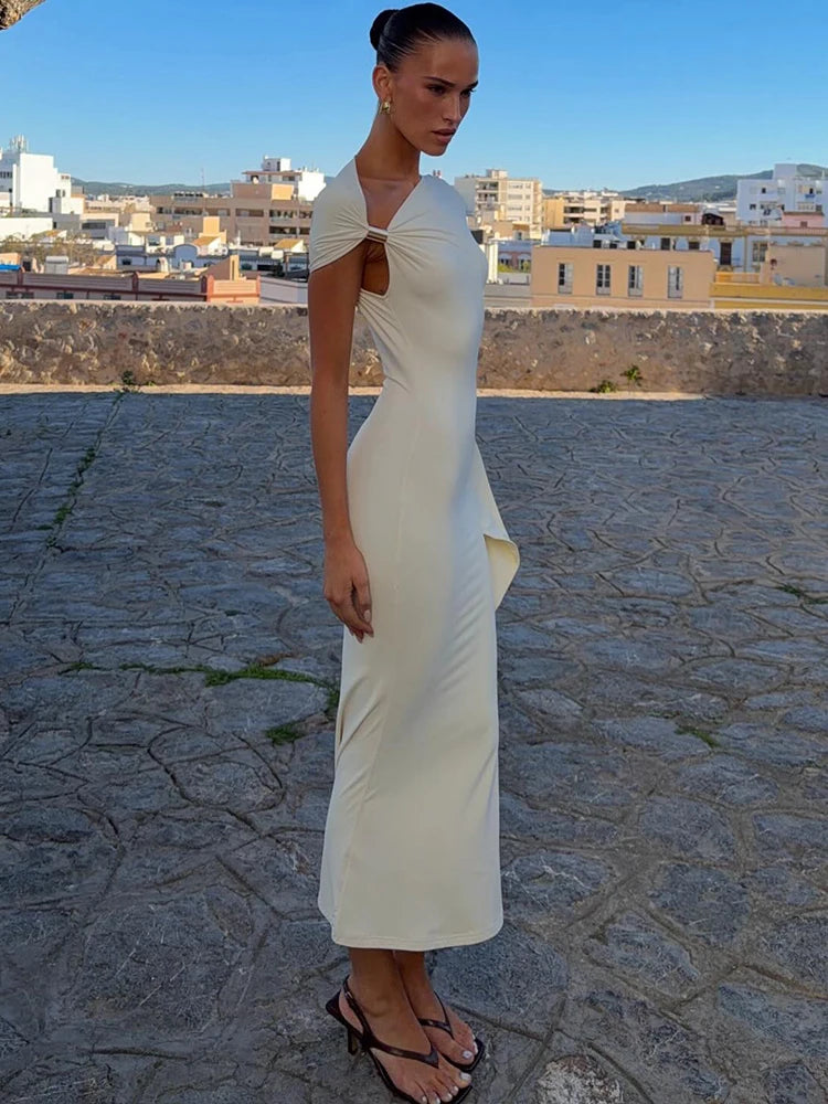 Women One Shoulder Cape Sleeve Sexy Midi Dress Metal Buckle Twisted Bodycon Mermaid Mid‑Calf Evening Party Dresses