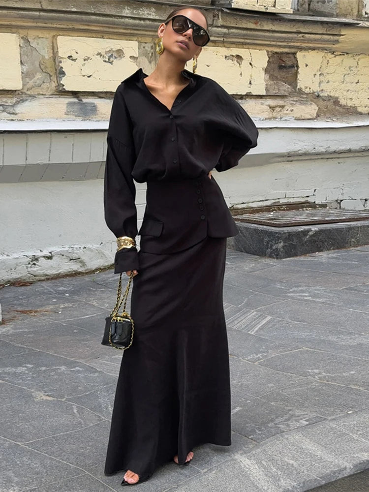 Single-Breasted 3 Piece Set Women Elegant Polo Neck Full Sleeve Blouse+Pinafore+Skirt Matching Trend Chic Streetwear