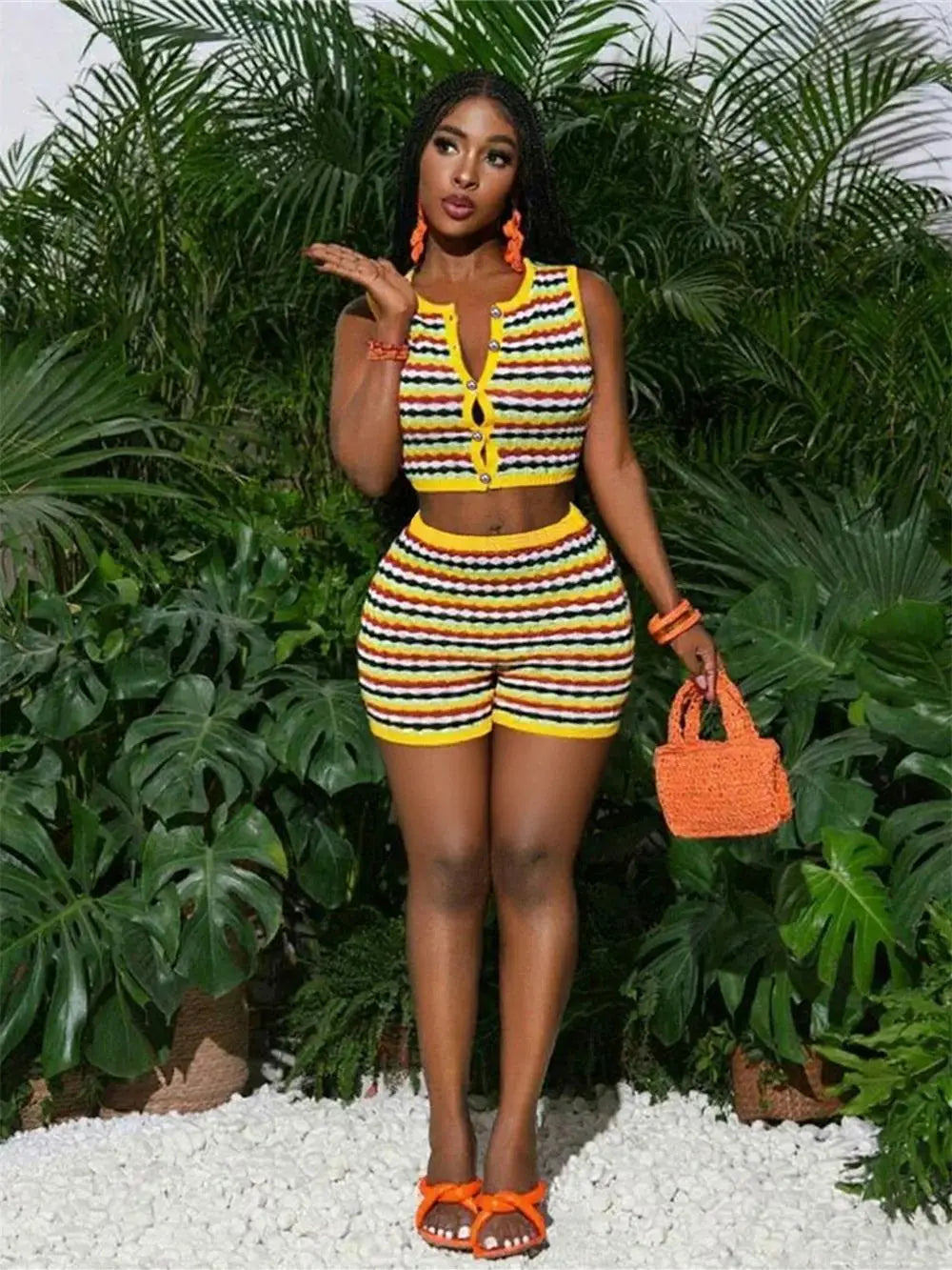 Colorful Stripe 2 Piece Set Women Tracksuit Crochet Single-Breasted Crop Tops+Shorts Street Classic Matching Suit