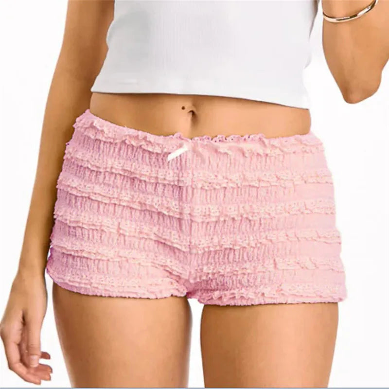 Women Summer Y2K Lace Tiered Shorts Low Waist Bow Front Ruffle Hot Pants Casual Smocked Bodycon Mini Shorts