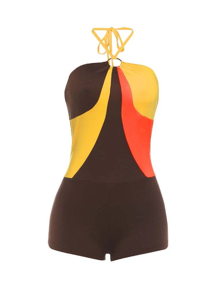 Color-Blocking Playsuits Woman Metal Rings Patchwork Halter Off Shoulder Backless High Street Sexy Fashion Rompers