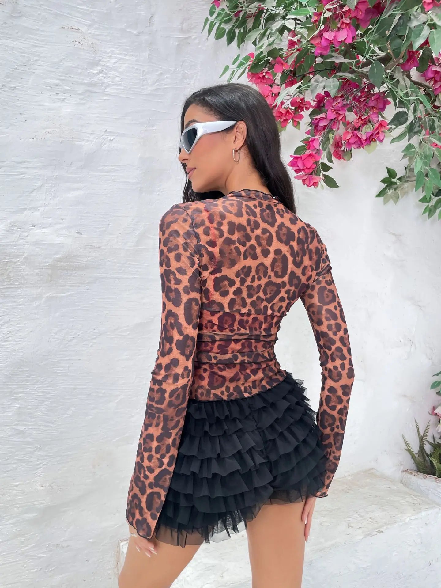 Transparent Leopard Print Chiffon Shirts & Blouses Sexy Tie Front V-neck Flare Sleeve Ruffle Tops for Women