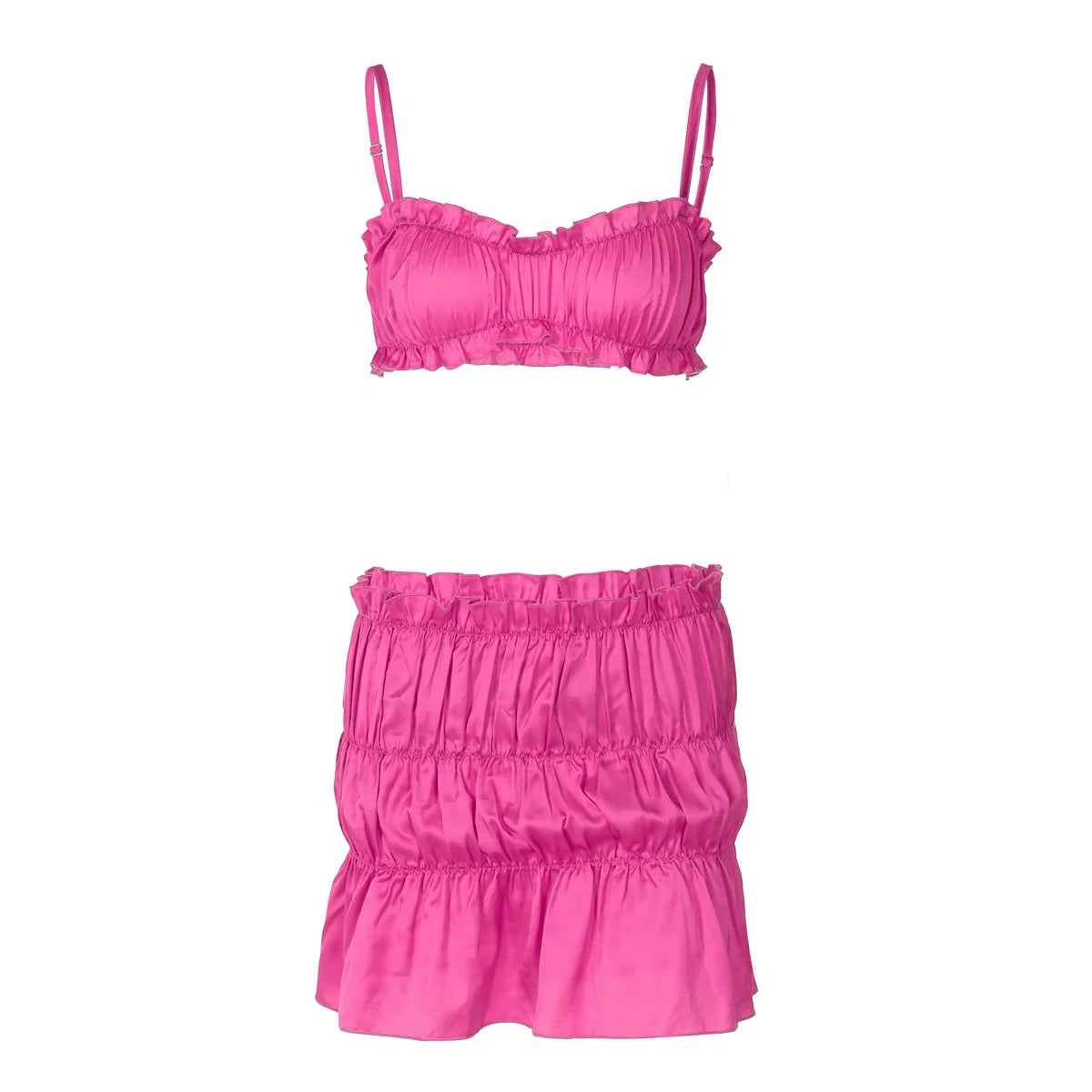 Sexy Satin Two Piece Set Ruched Crop Top and Mini Skirt Matching Sets Summer 2024 Women Outfits Clubwear