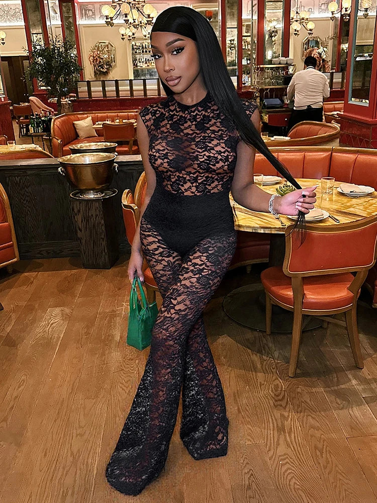 Sexy Mesh See Through 2 Piece Set Women Skinny Sleeveless Bodysuits+Flared Pants Midnight Club Party Coquett Outfits