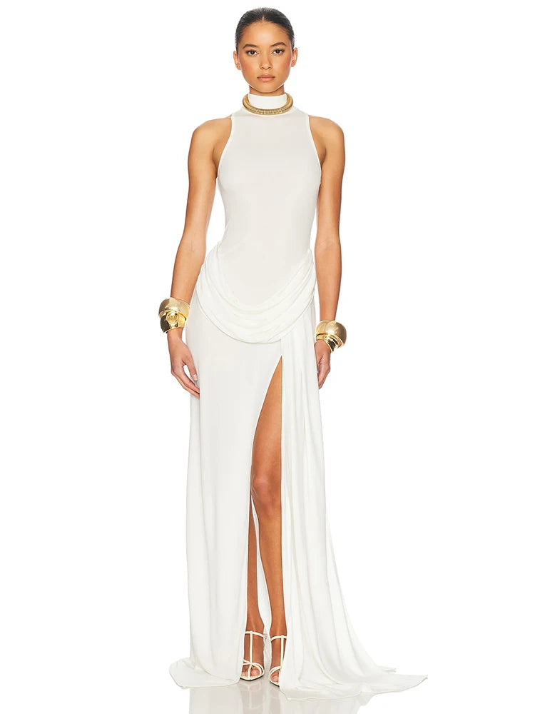 Summer Split Maxi Tank Dress Women Gown Fashion Solid Elegant High Waist Ruched Slim Evening Club Party Long Dress