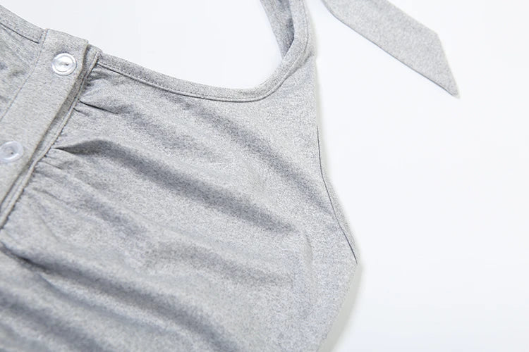 Folds 2-Piece Set Women Lace-Up Halter Backless Single-Breasted Tank Tops+Shorts Summer Trend Street Matching Suit