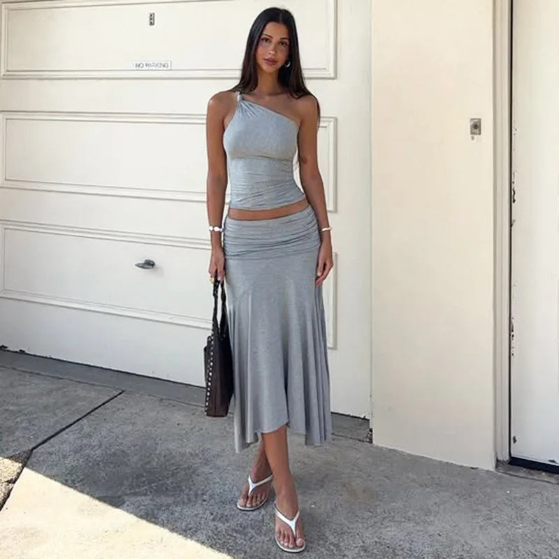 One Shoulder Crop Top and Pleated Skirt 2 Piece Set Summer Outfit Woman 2025 Elegant Long Dresses
