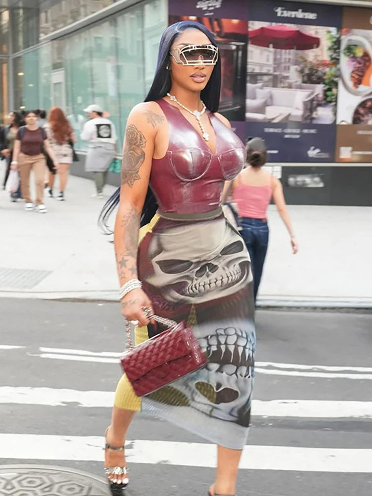 See Through Skirts Women 2025 Summer Trend Skulls Print Sexy Skinny Stretch Wild Basic Clubwear Midnight Long Skirts