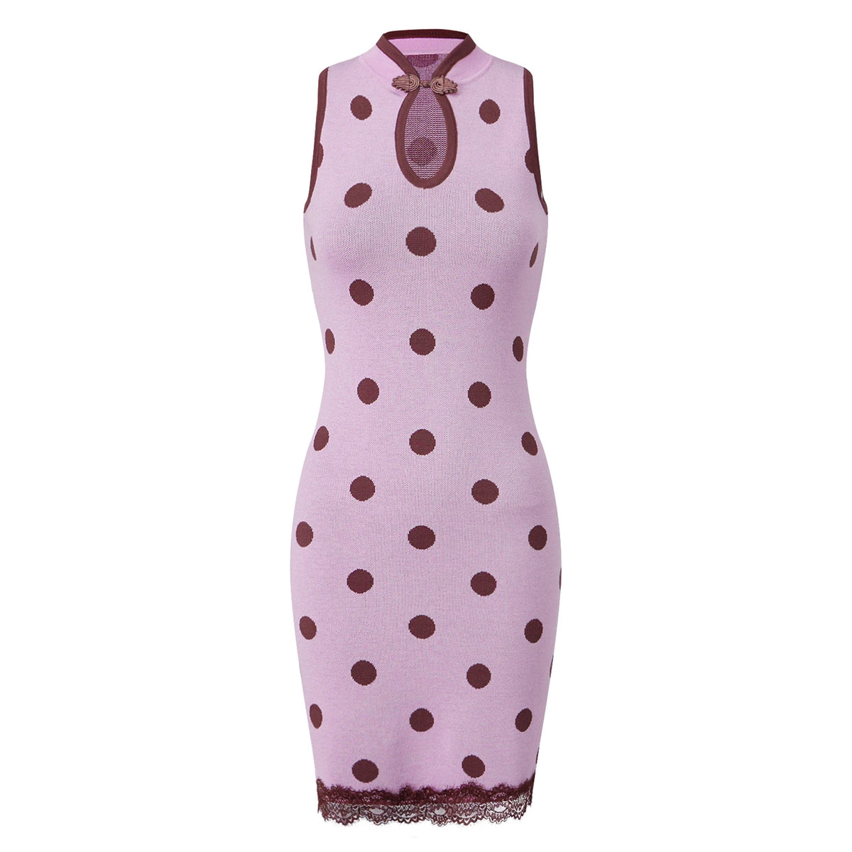 Knit Polka Dot Bodycon Mini Dress Women Sleeveless Halter Qipao Collar Keyhole Cutout Lace Hem Slim Short Pencil Dress