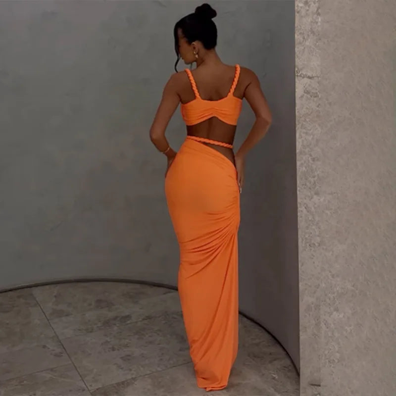 2 Piece Set Twisted Hollowed Out Crop Top and Long Skirt Vacation Outfits Women 2025 Summer Beach Party Dress