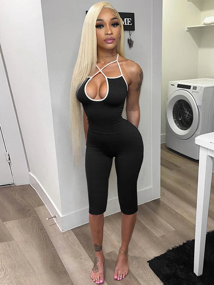 Casual Tracksuit 2 Piece Set Women Contrast Lace-Up Halter Backless Camisole+Stretch Pants Simple Fashion Outfits