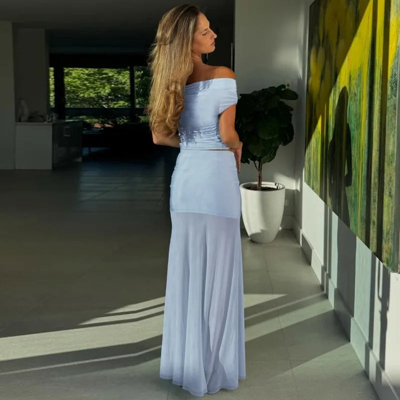 2 Piece Sets Off Shoulder Crop Top Sheer Mesh Long Skirt Sexy Summer Clothes Woman 2025 New in Matching Sets