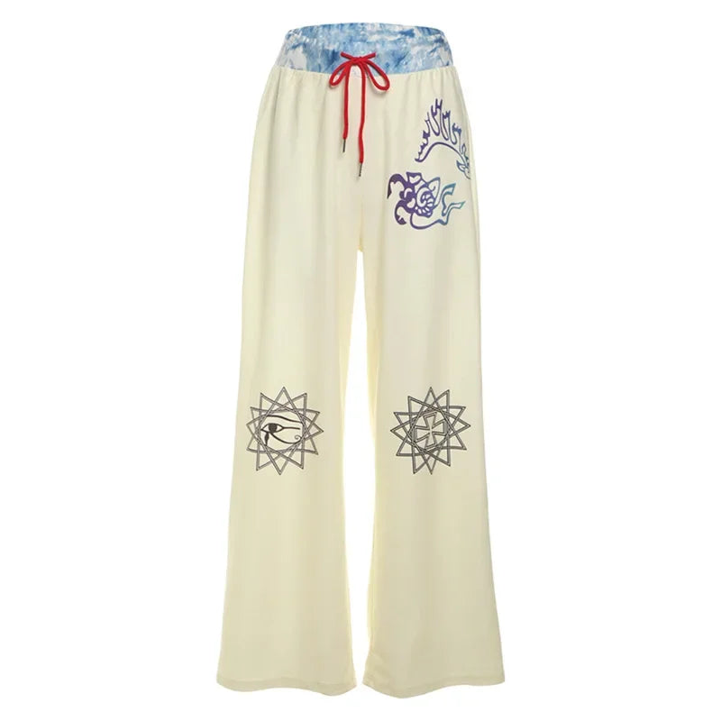 Fashion Graffiti Print Sweatpants Drawstring High Waist Wide Leg Pants Streetwear Womens Clothing P71-CE32