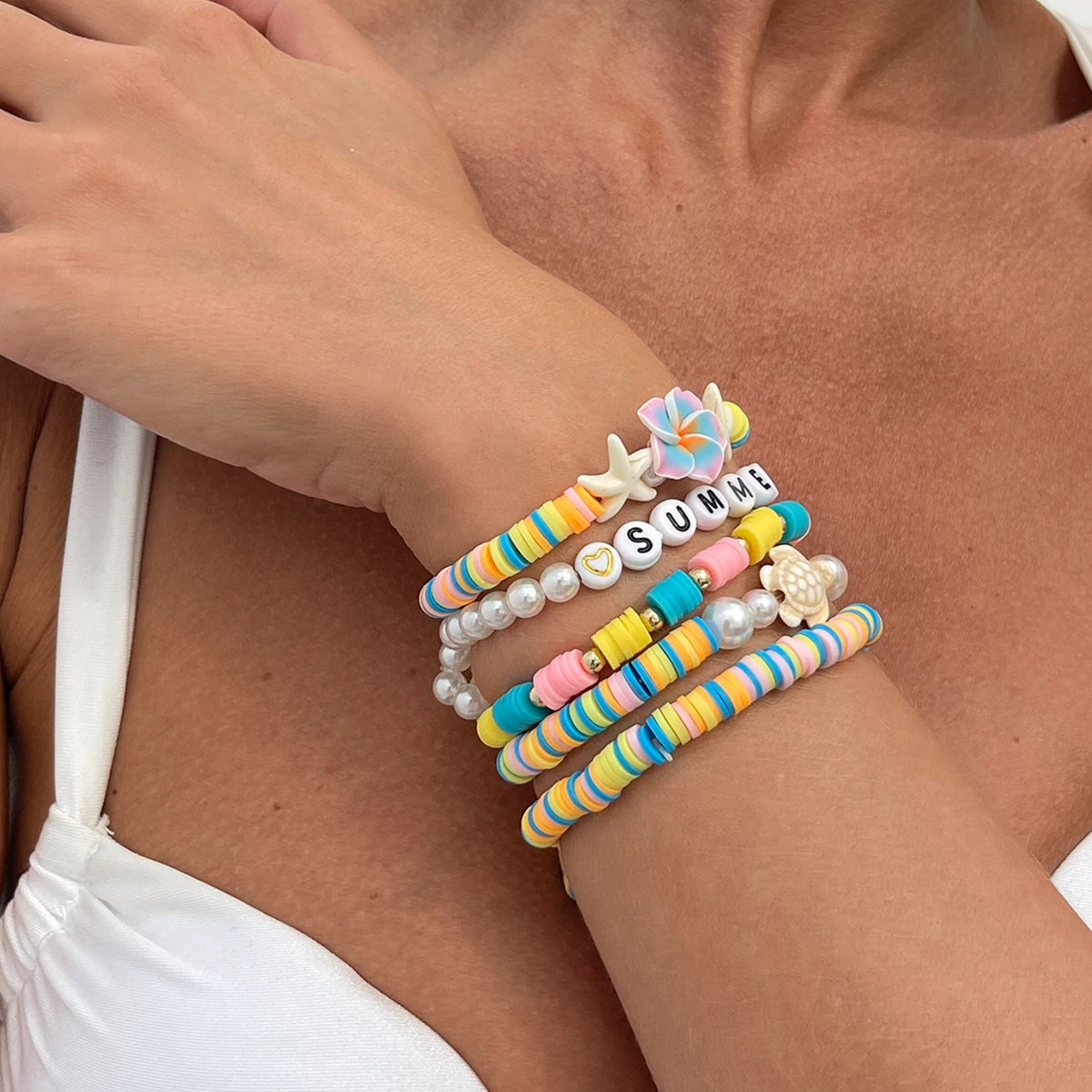 5Pcs/Set Romantic Tiny Flower Plastic Turtles Chain Bracelets Women Boho Polymer Clay Charm Bangles Y2K Summer Jewelry