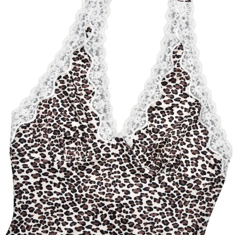 Leopard Print Sun Dresses 2025 Summer Clothes for Women Sexy Lace Trim Halter Backless Aline Mini Dress