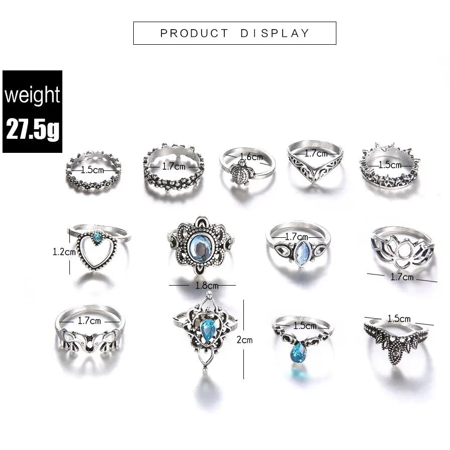 13Pcs/Set Vintage Carved Hollow Flower Crown Love Rings for Women Trendy Retro Exquisite Fringer Rings Party Jewelry Gift