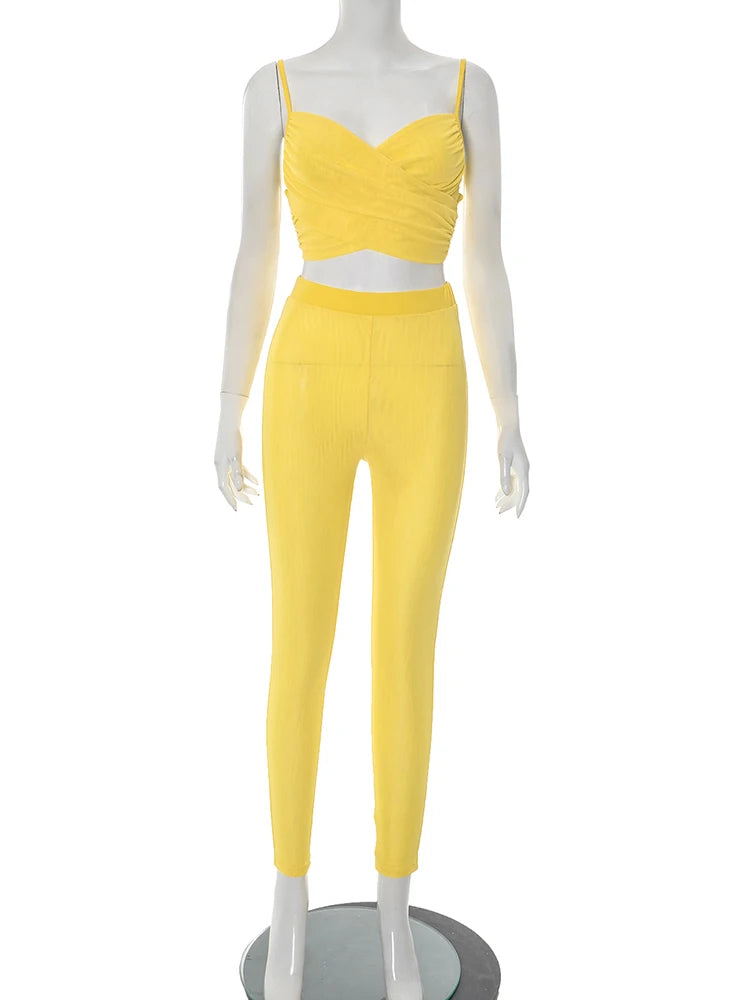 Sexy Women 2 Piece Set Summer Tracksuit Cross Mesh Camisole+Leggings Stretch Tight Matching Streetwear Matching Suits