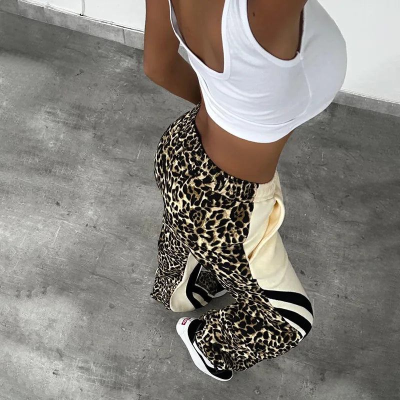 Leopard Striped Print Drawstring Sweatpants Fall Clothes Women Streetwear Casual Pants Wide Leg Trousers
