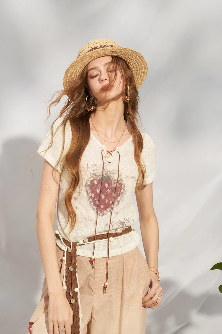 Women's Strawberry Print Lace-Up T-Shirt, Puff Sleeve Knit Punk Streetwear Top, Sweet Grunge Y2K Tee