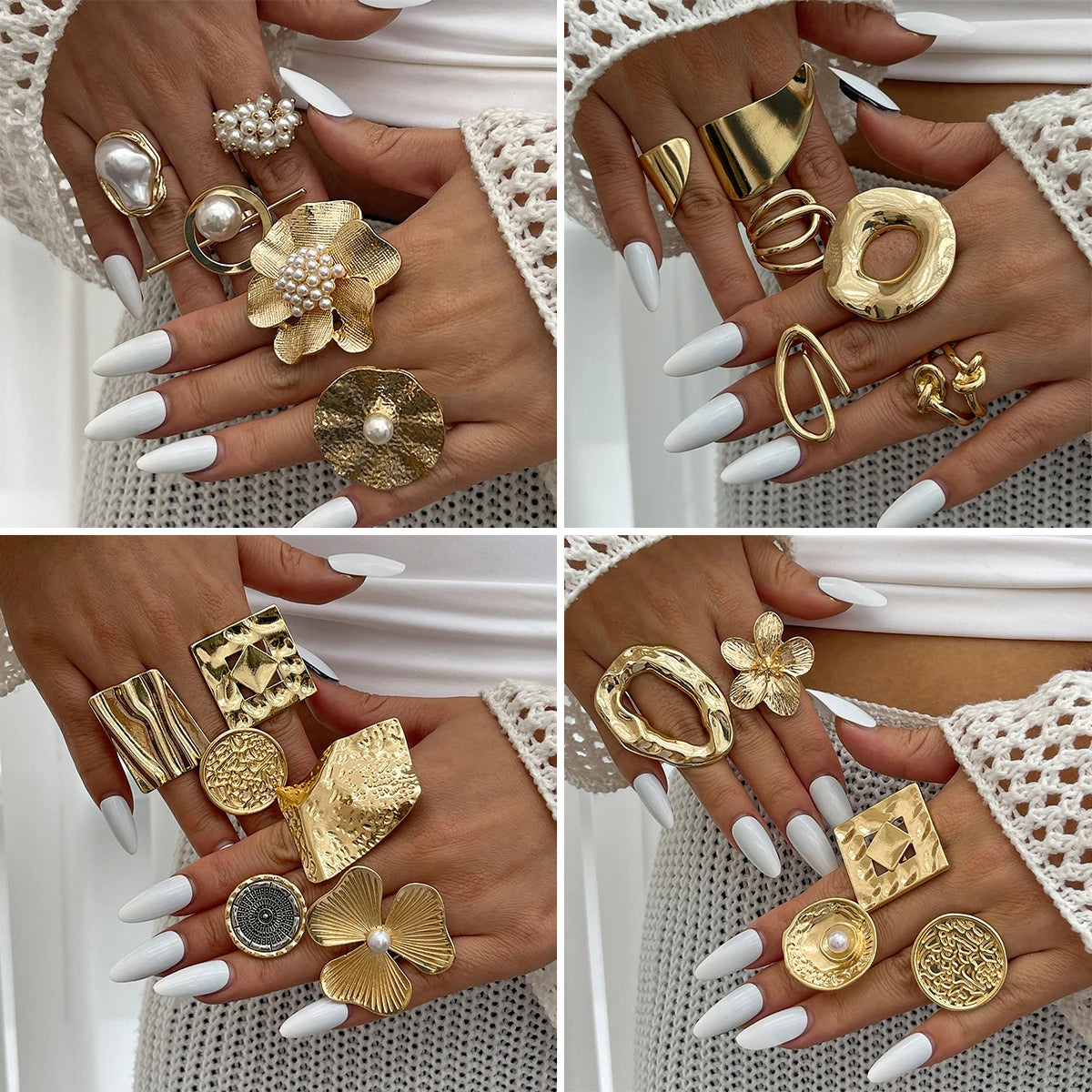 20 Styles Boho Unique Gold Color Petal Flower Rings for Women Punk Geometric Adjustable Rings Couple New Year Jewelry