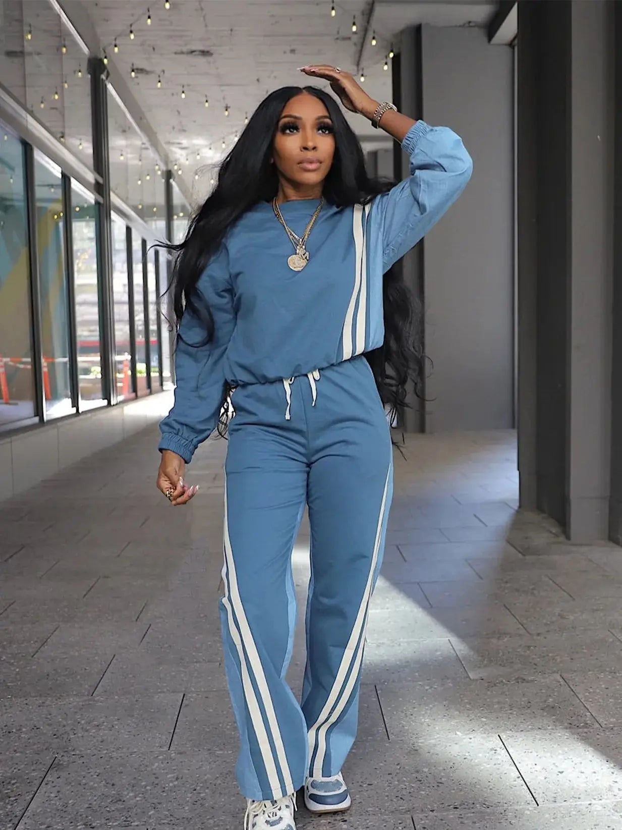 Autumn Trend 2 Piece Set Women Stripes Patchwork Full Sleeve Pullover+Drawstring Pants Casual Sporty Street Tracksuit