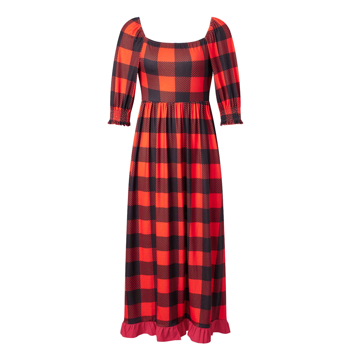 Women Christmas Holiday Tartan Plaid Long Dress Square Neck 3/4 Puff Sleeve Smocked Back Ruffle Hem Flowy Midi Dress