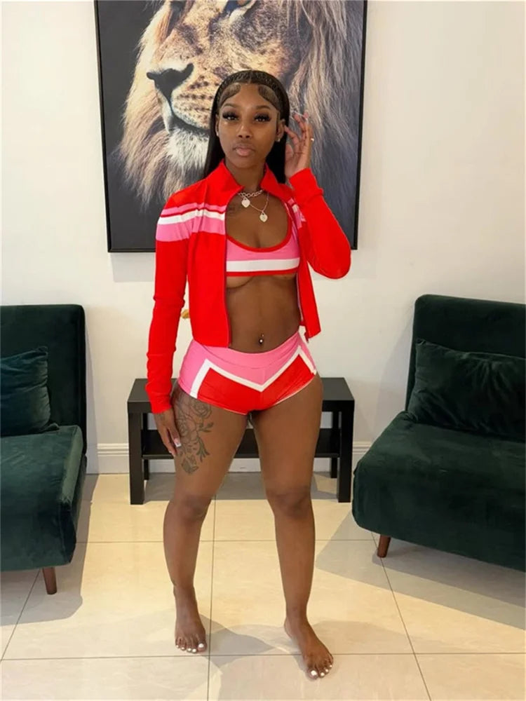 Fashion Patchwork 3 Piece Set Women Cardigan Full Sleeve Jacket+Crop Tops+Skinny Shorts Hot Girls Sexy Bikini Sets