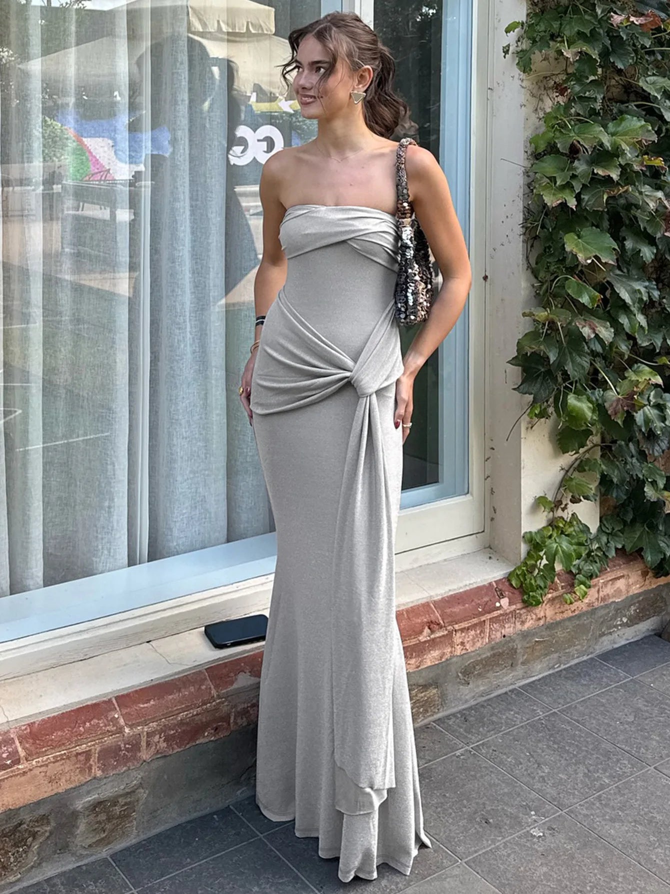 Solid Twisted Draped Strapless Backless Long Dresses Elegant Holiday Summer Dress Woman 2025