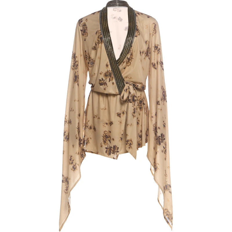 Sequins Patchwork Dress Woman Autumn Trend Floral Print Low-Neck Batwing Sleeve Street Ruched Elegant Mini Bodycon