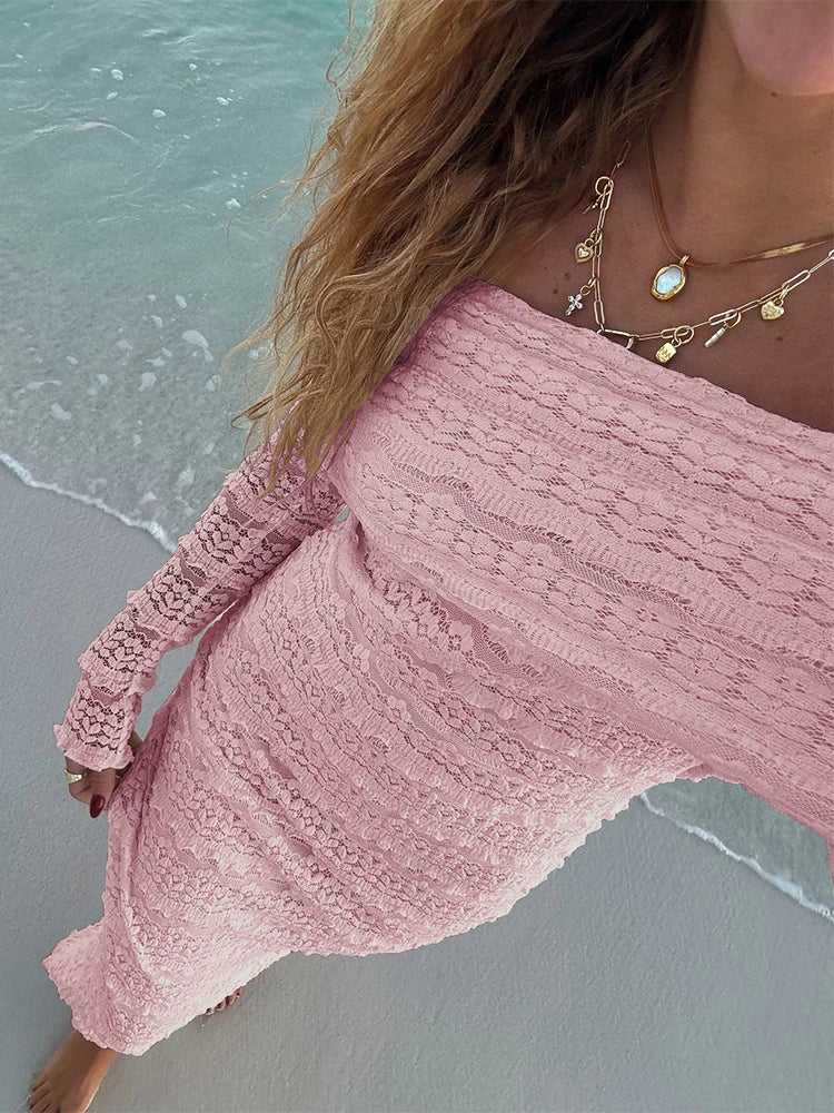 Sexy See Through Maxi Dress Women Lapel Slash Neck Backless Full Sleeve Vacation Beach Party Elegant Skinny Vestidos