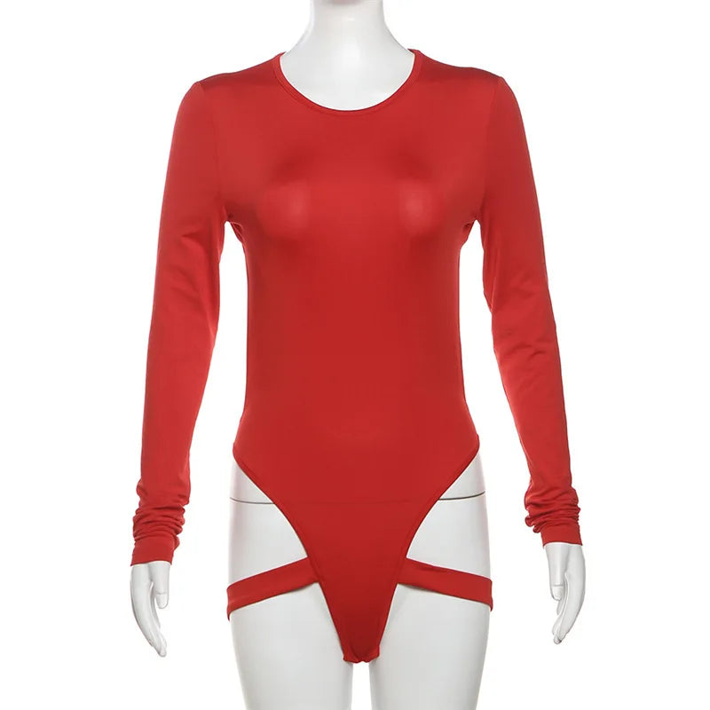 Women Night Club Bodysuit Crew Neck Long Sleeve Backless Solid Color Jumpsuit Sexy Skinny Bodycon Sleepwear