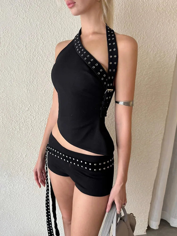 Sexy Hipster Hollow 3-Piece Set Women Biased Collar Backless Tank Tops+Rivet Waistband+Simple Shorts Midnight Suit